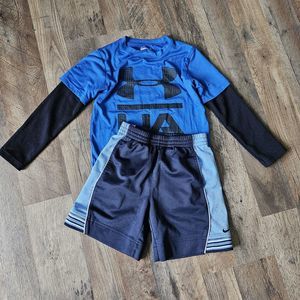 Boys toddler 5T UA long sleeve top & Nike Shorts lot. Black pen marks on the UA